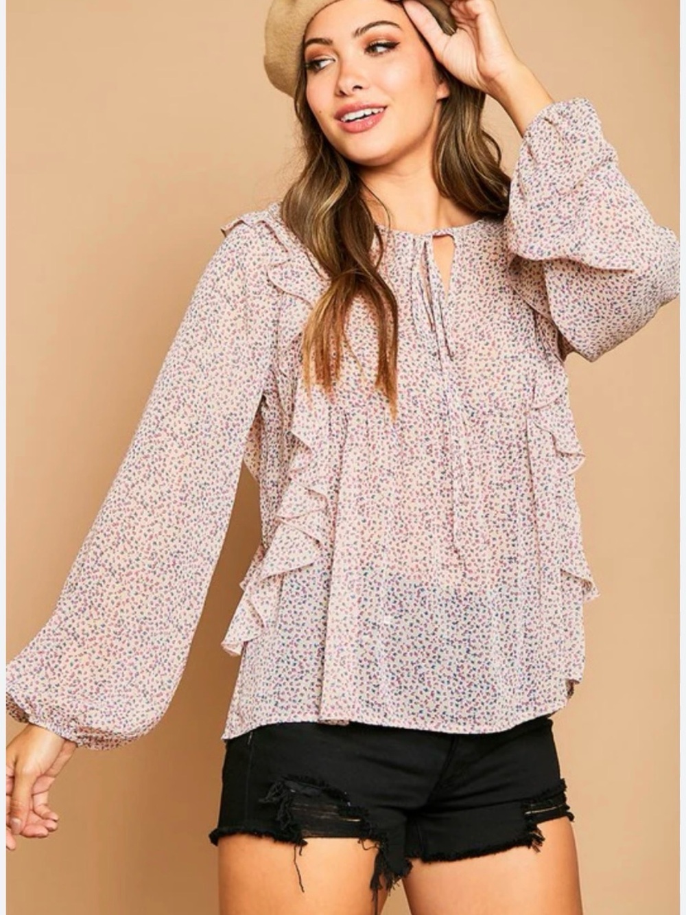 Peach Love California Light Pink Ditsy Ruffle Tie-Neck Blouse